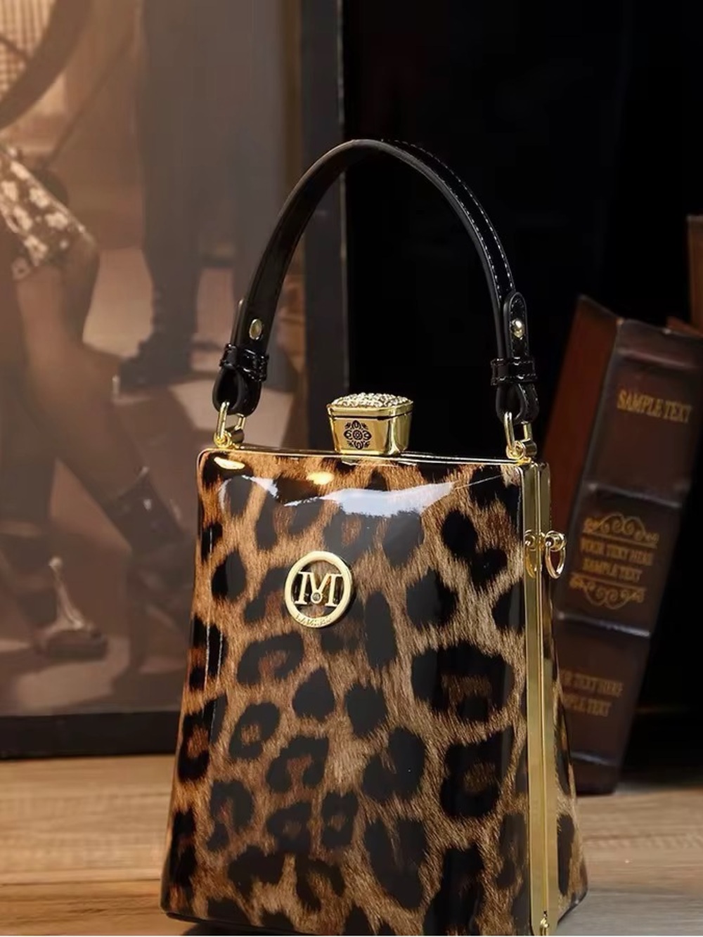 Leopard Print Vanity Top-Handle Bag in Brown